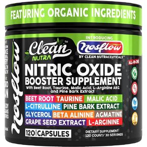 NosFlow Nitric Oxide Supplements for Men | Beet Root Taurine L-Arginine Malic Acid L-Arginine L-Citrulline Pine Bark Glycerol Agmatine Grape Seed Vitamin C Vitamin B12 Vitamin B3 by Clean Nutra