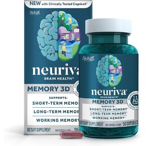 NEURIVA Memory 3D Brain Supplement - Decaffeinated Nootropic Capsules for Memory, Focus & Cognitive Function - Short Term, Long Term, & Working Memory Support - 50ct