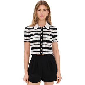 Women's Cream and Black Striped Crochet Top