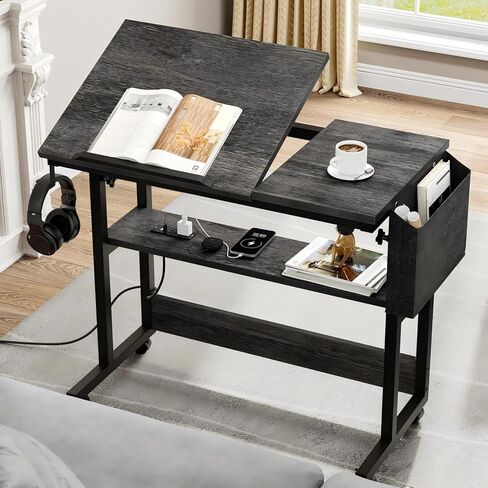 طاولة YITAHOME قابلة لضبط الارتفاع مع محطة شحن، مكتب محمول بعجلات، مكتب كمبيوتر صغير قائم مع سطح طاولة قابل للإمالة وحقيبة تخزين، أسود in Kuwait