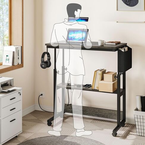 طاولة YITAHOME قابلة لضبط الارتفاع مع محطة شحن، مكتب محمول بعجلات، مكتب كمبيوتر صغير قائم مع سطح طاولة قابل للإمالة وحقيبة تخزين، أسود in Kuwait