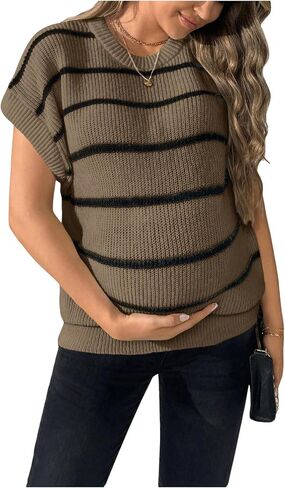 OYOANGLE Women's Maternity Striped Print Short Sleeve Sweaters Crew Neck Causal Knitted Pregnancy Tops in Saudi Arabia