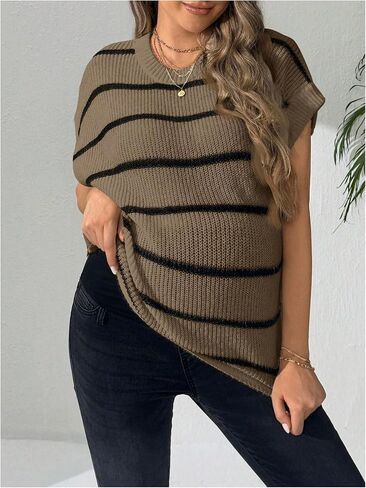 OYOANGLE Women's Maternity Striped Print Short Sleeve Sweaters Crew Neck Causal Knitted Pregnancy Tops in Saudi Arabia