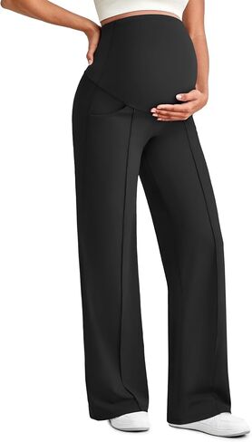 G4Free EverGoing Maternity Dress Pants Pregnancy Trousers Over the Belly | Front Seam,Two Side Pockets,Wide Leg,Sleek Soft,Slightly Brushed,Full Belly Coverage,for Work Casual Wear in Kuwait