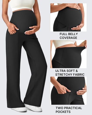 G4Free EverGoing Maternity Dress Pants Pregnancy Trousers Over the Belly | Front Seam,Two Side Pockets,Wide Leg,Sleek Soft,Slightly Brushed,Full Belly Coverage,for Work Casual Wear in Kuwait