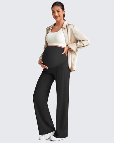 G4Free EverGoing Maternity Dress Pants Pregnancy Trousers Over the Belly | Front Seam,Two Side Pockets,Wide Leg,Sleek Soft,Slightly Brushed,Full Belly Coverage,for Work Casual Wear in Kuwait