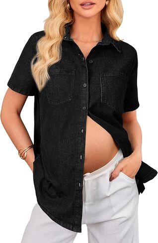 OUGES Womens 2025 Summer Maternity Clothes Short Sleeve Jean Jacket Button Down Pregnancy Denim Shirt Casual Tops in Kuwait