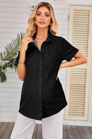 OUGES Womens 2025 Summer Maternity Clothes Short Sleeve Jean Jacket Button Down Pregnancy Denim Shirt Casual Tops in Kuwait