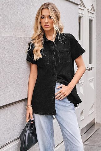 OUGES Womens 2025 Summer Maternity Clothes Short Sleeve Jean Jacket Button Down Pregnancy Denim Shirt Casual Tops in Kuwait