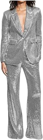 Women's Sequined Fashion Suit Set One Button 2 Piece Wedding Tuxedos Blazer Pants Prom Party Outfit in Saudi Arabia