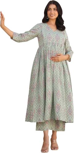 Janasya Indian Women's Maternity Co-ord for Women Pure Cotton A-Line Light Green Floral Casual Calf Length Maternity Clothes in Saudi Arabia