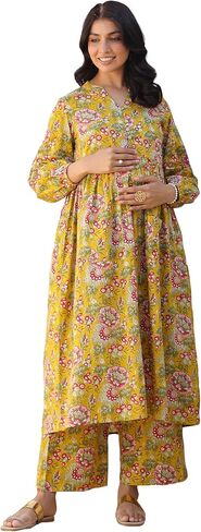 Janasya Indian Women's Maternity Co-ord for Women Pure Cotton A-Line Floral Casual Calf Length Maternity Clothes in Saudi Arabia