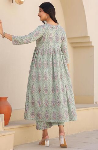 Janasya Indian Women's Maternity Co-ord for Women Pure Cotton A-Line Light Green Floral Casual Calf Length Maternity Clothes in Saudi Arabia