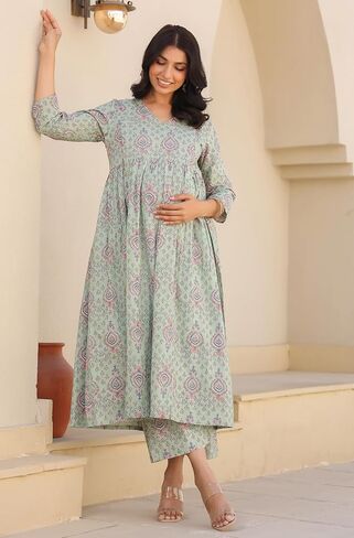 Janasya Indian Women's Maternity Co-ord for Women Pure Cotton A-Line Light Green Floral Casual Calf Length Maternity Clothes in Saudi Arabia