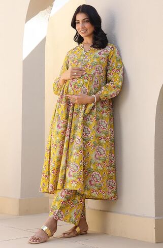 Janasya Indian Women's Maternity Co-ord for Women Pure Cotton A-Line Floral Casual Calf Length Maternity Clothes in Saudi Arabia