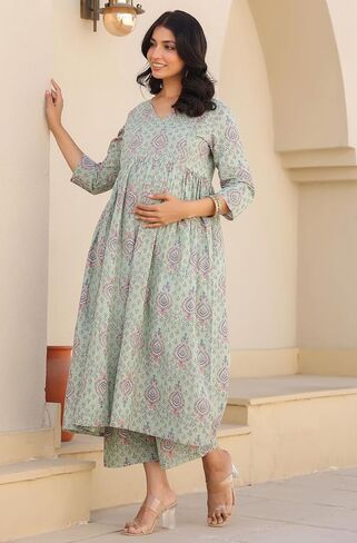 Janasya Indian Women's Maternity Co-ord for Women Pure Cotton A-Line Light Green Floral Casual Calf Length Maternity Clothes in Saudi Arabia