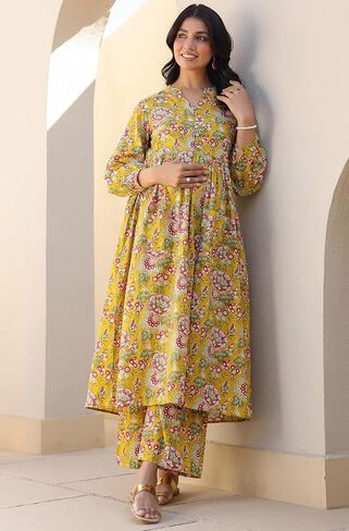 Janasya Indian Women's Maternity Co-ord for Women Pure Cotton A-Line Floral Casual Calf Length Maternity Clothes in Saudi Arabia