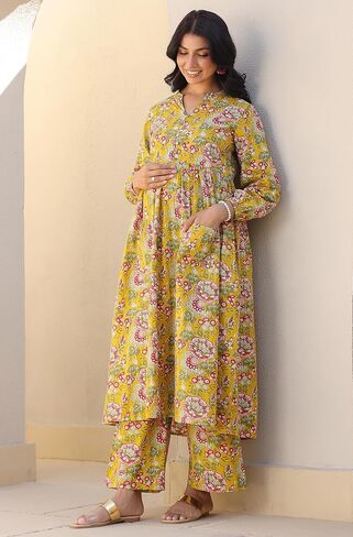 Janasya Indian Women's Maternity Co-ord for Women Pure Cotton A-Line Floral Casual Calf Length Maternity Clothes in Saudi Arabia