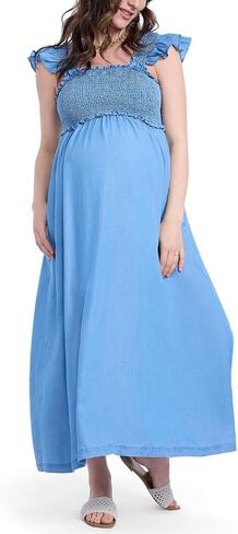 Motherhood Maternity Women's Sleeveless Ruffle Shoulder Smocked Maxi Pregnancy Dress in Kuwait