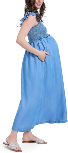 Motherhood Maternity Women's Sleeveless Ruffle Shoulder Smocked Maxi Pregnancy Dress in Kuwait