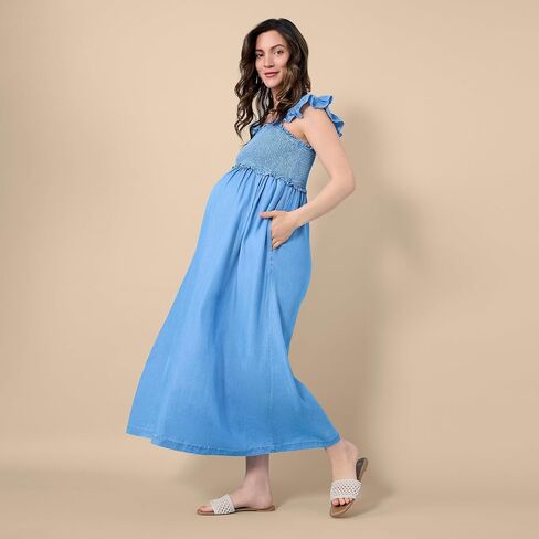 Motherhood Maternity Women's Sleeveless Ruffle Shoulder Smocked Maxi Pregnancy Dress in Kuwait