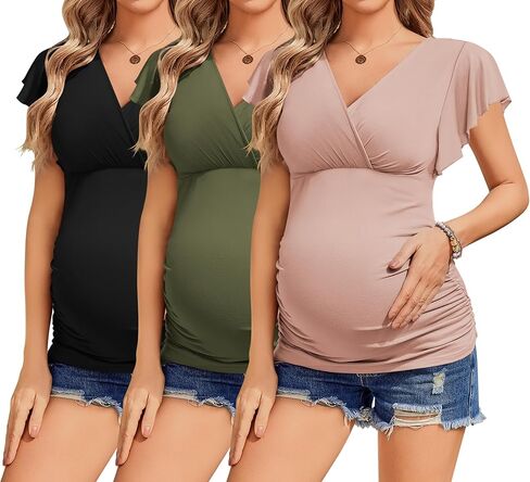 Ekouaer Womens Maternity T Romts 3 Packs Tunic Raxing Tops Short Sleeve Compleans Backing/Pink/Army Green XL in Saudi Arabia
