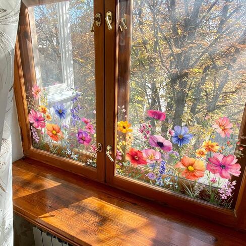 Colorful Floral Bouquet Window Sticker, Flower Window Clings, Reusable, Removable, Double-Sided, for Home Office Decor (C) in Saudi Arabia