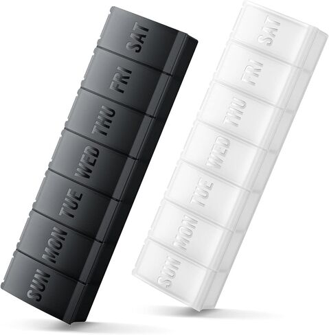 Large Pill Organizer 2 Pack, Easy-Open Weekly Pill Organizer, XL Daily Pill Organizers, 7 Day Medicine Pill Organziers, Pill Box 7 Day for Large Vitamin Supplements, Pill Case Black+White in Saudi Arabia