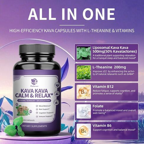 ملحق مستخلص الجذر الكافا كافا - كبسولات الكافا الشحمية مع L theanine 200mg ، 50 ٪ من الكافالاكتون ، استرخاء مستخلص الكافا المهدئ ، فيتامين B6 ، B12 - للنوم ، المزاج ، الدعم المعرفي والمناعة ، 60ct in Kuwait