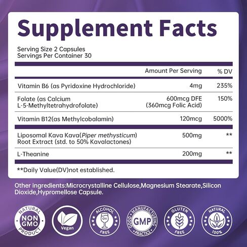 ملحق مستخلص الجذر الكافا كافا - كبسولات الكافا الشحمية مع L theanine 200mg ، 50 ٪ من الكافالاكتون ، استرخاء مستخلص الكافا المهدئ ، فيتامين B6 ، B12 - للنوم ، المزاج ، الدعم المعرفي والمناعة ، 60ct in Kuwait