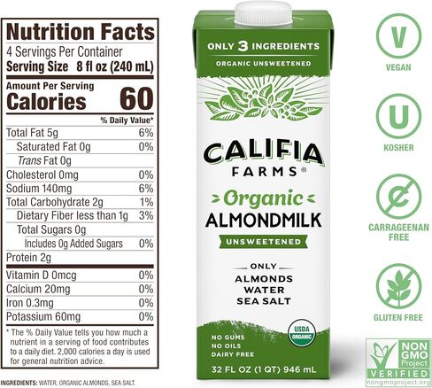 Califia Farms - Organic Unsweetened Almond Milk, 32 Oz (Pack of 6), Dairy Free, Vegan, Plant Based, Keto, Vegan, Gluten Free, Non GMO, USDA Organic in Saudi Arabia