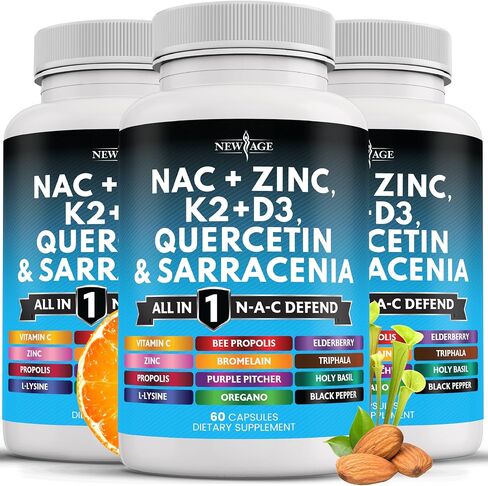 NEW AGE NAC Supplement N-Acetyl Cysteine- with Vitamin D3, K2, Zinc, Quercetin, Triphala, Sarracenia Purpurea, Elderberry, Holy Basil, Bee Propolis, Bromelain, L-Lysine - 120 Count in Saudi Arabia