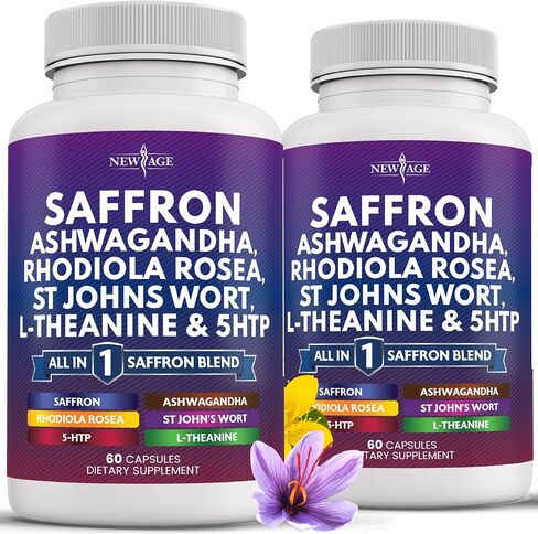 مكملات الزعفران في العصر الجديد مع Ashwagandha - دعم مع L -theanine ، Ginkgo Biloba ، St. John's Wort ، Rhodiola Rosea و 5 -HTP - Saffron 120 Count in Saudi Arabia