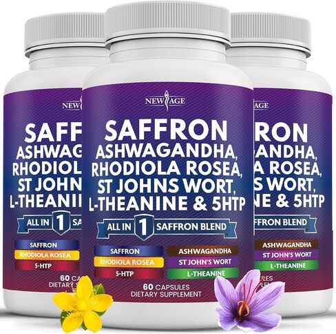 NEW AGE Saffron Supplements with Ashwagandha - Support with L-Theanine, Ginkgo Biloba, St. John's Wort, Rhodiola Rosea & 5-HTP - Saffron 120 Count in Saudi Arabia
