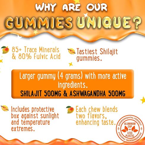 Pure Himalayan Shilajit Gummies - High Potency Gold Grade Resin - Energy Boost and Immune Support for Men and Women with Ashwagandha and Shatavari - 60 Gummy - Peach & Mango in Saudi Arabia