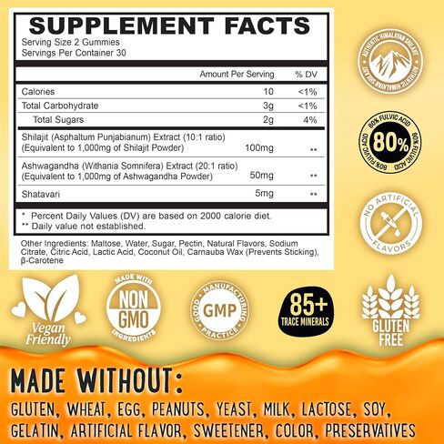 Pure Himalayan Shilajit Gummies - High Potency Gold Grade Resin - Energy Boost and Immune Support for Men and Women with Ashwagandha and Shatavari - 60 Gummy - Peach & Mango in Saudi Arabia