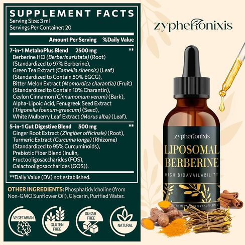 Liposomal Berberine Drops Supplement 3000mg - High Absorption AMPK Activator, Organic Berberine HCl Complex with Ceylon Cinnamon & Ginger for Immune & Digestion (2 fl oz) in Saudi Arabia