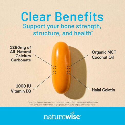 Naturewise عالية النقاء ، الكالسيوم الطبيعي 1250mg + فيتامين D3 1000iu + زيت جوز الهند العضوي MCT-الحمل آمن + غير واري المجردة للامتصاص-ودية الامتصاص ، خالية من الغلوتين-60 ناعمة [إمدادات مدتها 30 يومًا] in Kuwait
