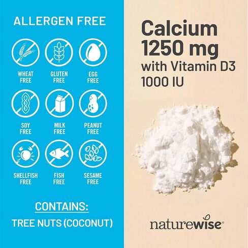 Naturewise عالية النقاء ، الكالسيوم الطبيعي 1250mg + فيتامين D3 1000iu + زيت جوز الهند العضوي MCT-الحمل آمن + غير واري المجردة للامتصاص-ودية الامتصاص ، خالية من الغلوتين-60 ناعمة [إمدادات مدتها 30 يومًا] in Kuwait