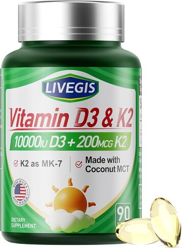 Vitamin D3 K2 Softgels, D3 10000 IU with K2 (MK-7) 200 mcg with Coconut Oil Softgels, Easy to Swallow 2 in 1 Vitamins D & K, Supports Calcium Absorption, Immune and Heart Health - 90 Counts in Saudi Arabia