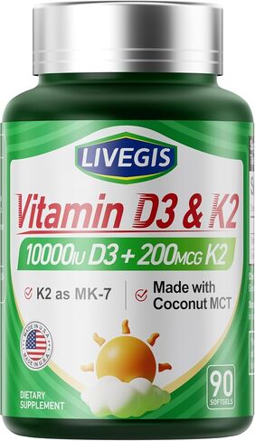 Vitamin D3 K2 Softgels, D3 10000 IU with K2 (MK-7) 200 mcg with Coconut Oil Softgels, Easy to Swallow 2 in 1 Vitamins D & K, Supports Calcium Absorption, Immune and Heart Health - 90 Counts in Saudi Arabia