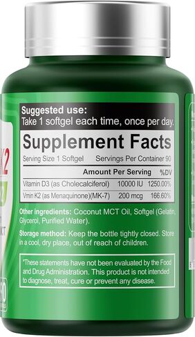 Vitamin D3 K2 Softgels, D3 10000 IU with K2 (MK-7) 200 mcg with Coconut Oil Softgels, Easy to Swallow 2 in 1 Vitamins D & K, Supports Calcium Absorption, Immune and Heart Health - 90 Counts in Saudi Arabia