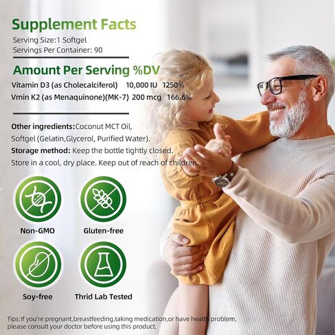 Vitamin D3 K2 Softgels, D3 10000 IU with K2 (MK-7) 200 mcg with Coconut Oil Softgels, Easy to Swallow 2 in 1 Vitamins D & K, Supports Calcium Absorption, Immune and Heart Health - 90 Counts in Saudi Arabia