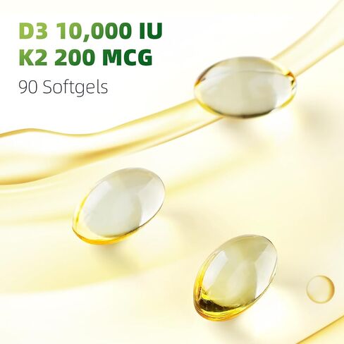 Vitamin D3 K2 Softgels, D3 10000 IU with K2 (MK-7) 200 mcg with Coconut Oil Softgels, Easy to Swallow 2 in 1 Vitamins D & K, Supports Calcium Absorption, Immune and Heart Health - 90 Counts in Saudi Arabia