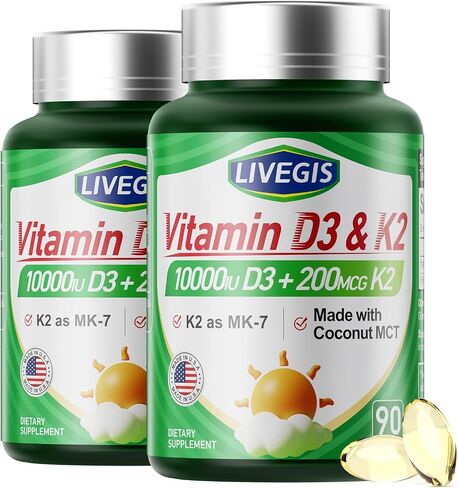 Vitamin D3 K2 Softgels, D3 10000 IU with K2 (MK-7) 200 mcg with Coconut Oil Softgels, Easy to Swallow 2 in 1 Vitamins D & K, Supports Calcium Absorption, Immune and Heart Health - 90 Counts in Saudi Arabia