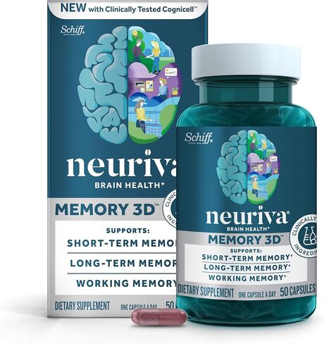 NEURIVA Memory 3D Brain Supplement - Decaffeinated Nootropic Capsules for Memory, Focus & Cognitive Function - Short Term, Long Term, & Working Memory Support - 50ct in Saudi Arabia
