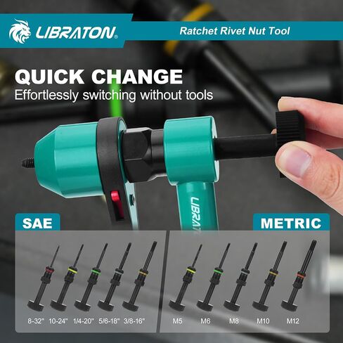 LIBRATON Rivet Nut Tool, Rivnut Tool, Professional Ratchet Nutsert Tool Kit, Nutsert Gun Kit with 10 SAE and Metric Mandrels, 100PCS Rivet Nuts, Rugged Carry Case, Insert Tool Kit for Automotive in Kuwait