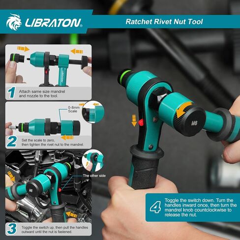 LIBRATON Rivet Nut Tool, Rivnut Tool, Professional Ratchet Nutsert Tool Kit, Nutsert Gun Kit with 10 SAE and Metric Mandrels, 100PCS Rivet Nuts, Rugged Carry Case, Insert Tool Kit for Automotive in Kuwait