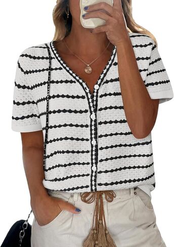 NALANISA Women's Short Sleeve Sweater Spring Summer Crochet Knit Tops 2026 V Neck Striped Button Down Dressy Casual Blouses in Kuwait