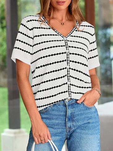 NALANISA Women's Short Sleeve Sweater Spring Summer Crochet Knit Tops 2026 V Neck Striped Button Down Dressy Casual Blouses in Kuwait